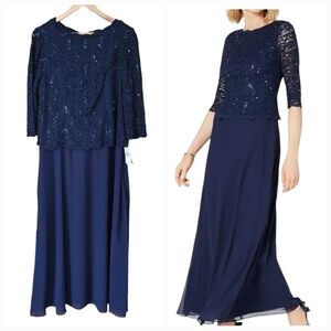 Alex Evenings Formal Gown Navy Blue Lace Bodice Wedding Mother Of The Bride